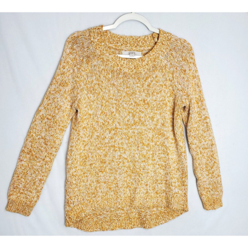 Loft High‎ Low Twist Knit Tunic Sweater Women L Space Dye Gold White Long Sleeve